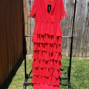 NWT Red Chiffon Ruffle Layer Maxi Dress Womens 16